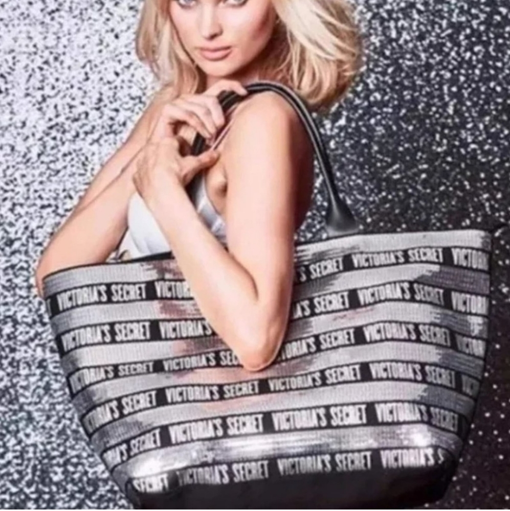 Victoria Secret Black Silver Sequin Large Zipper Tote Bag weekender bag.  Some l